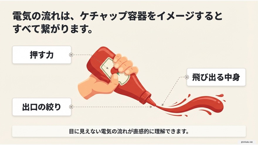 電気の流れは、ケチャップ容器をイメージするとすべて繋がります