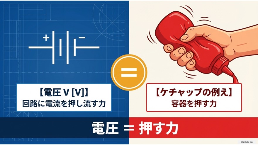 次は「電圧 V［ボルト］」についてです。これは回路に電流を押し流す力のことです