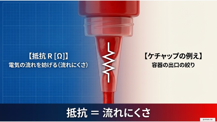 そして「抵抗 R［オーム］」です。これは電気の流れを妨げる「流れにくさ」のことです