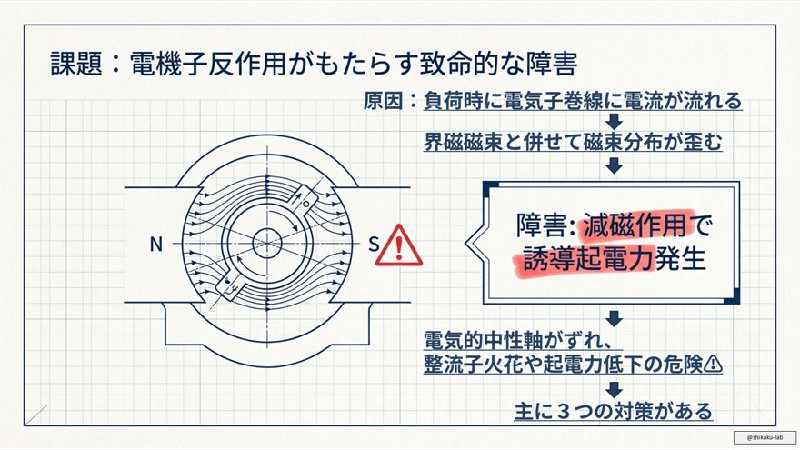 電機子反作用の原因と障害:磁束分布の歪みと減磁作用のリスク