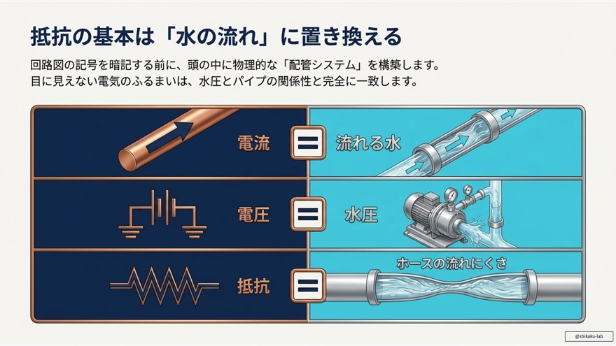 電気抵抗のメカニズム:水の流れを妨げる要因(長さ・太さ)