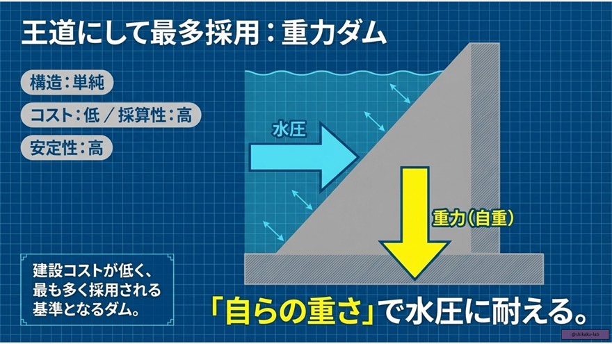 アーチ式コンクリートダムの仕組み:水圧分散による節約と岩盤強度