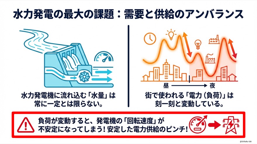 シナリオA|負荷が増加したときのガバナの動き|周波数減少から回転速度回復までの流れを図解