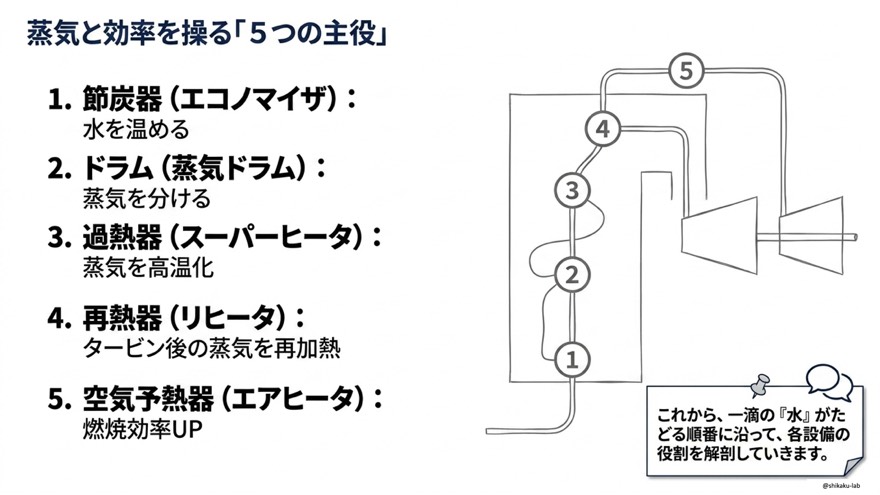 ボイラ設備5つの主役を一覧整理|節炭器・ドラム・過熱器・再熱器・空気予熱器の役割を一滴の水の流れで図解