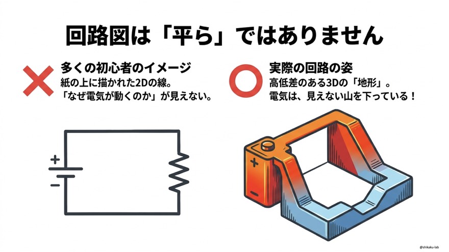 回路図は「平ら」ではない！2Dの線ではなく高低差のある3D地形として捉えると回路計算が変わる理由