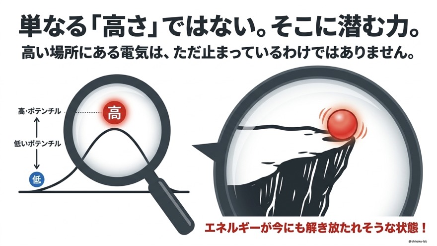単なる「高さ」ではない。そこに潜む力｜高電位にある電気が持つポテンシャルエネルギーを崖のボールで図解