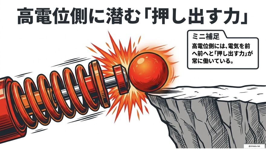 高電位側に潜む「押し出す力」｜電気を前へ前へと押し出す力が常に働いているイメージをバネで完全図解