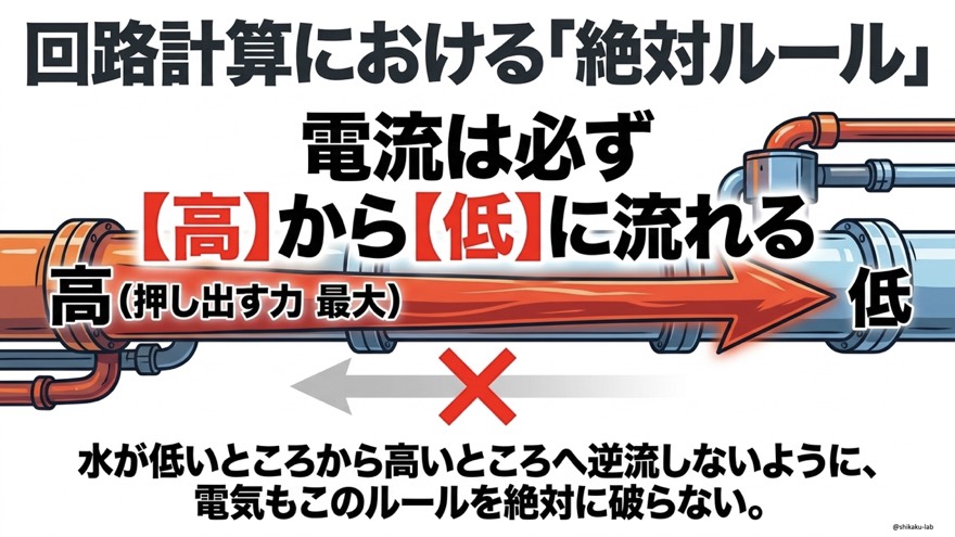 回路計算の絶対ルール！電流は必ず高から低に流れる｜水の逆流しない原理と同じく電気も絶対にこのルールを破らない