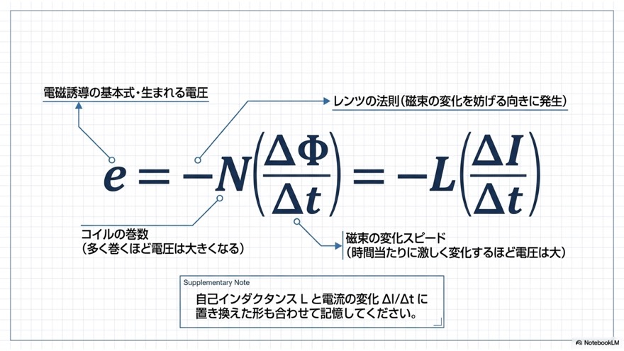 電磁誘導の基本式|e=-N(ΔΦ/Δt)