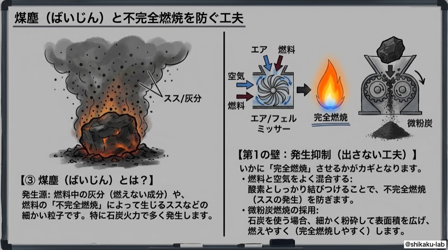 ばいじんと不完全燃焼を防ぐ工夫|完全燃焼