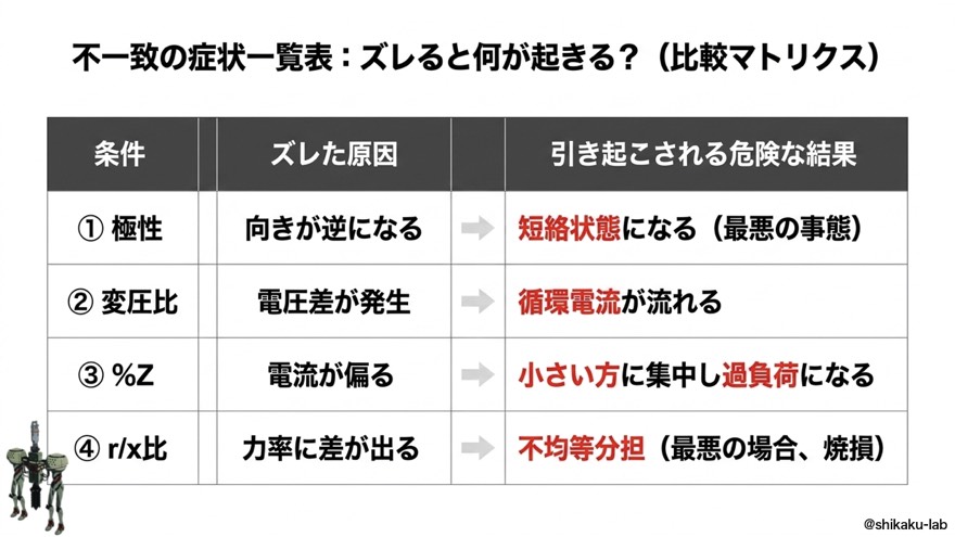 不一致の症状一覧表｜比較マトリクス