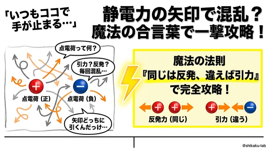 静電力の矢印で混乱|魔法の合言葉「どうはんいいん」