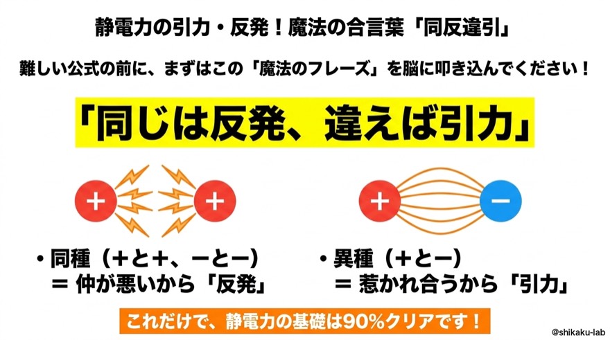 静電力の引力・斥力|魔法の合言葉