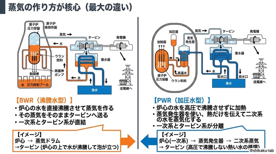 蒸気の作り方が核心|沸騰水型と加圧水型の最大の違い