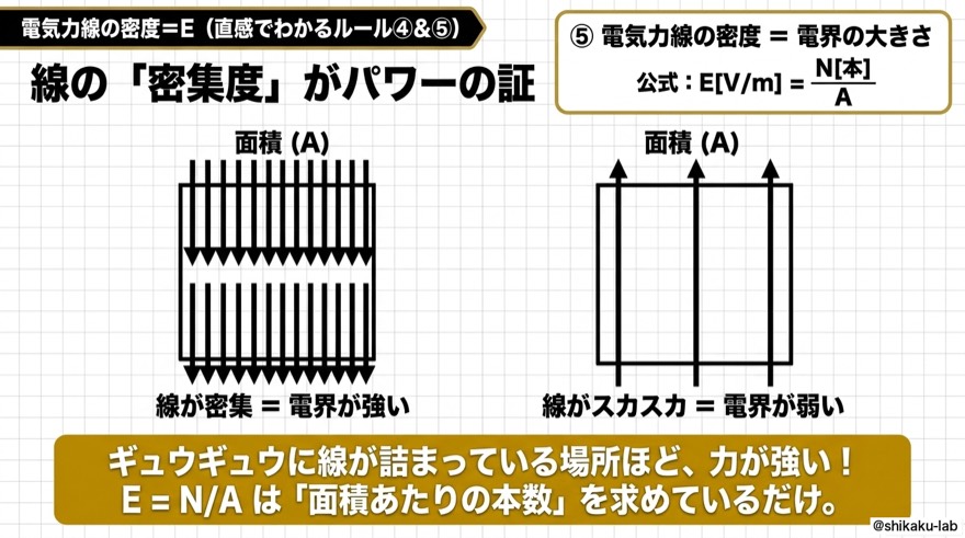 電気力線のルール4&5|密集度=電界の強さ E=N/A の直感理解