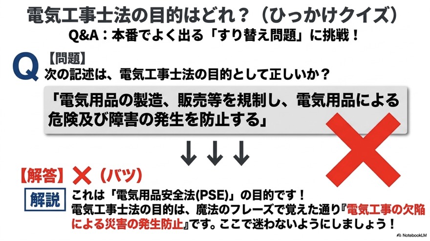 ひっかけクイズ(電気工事士法の目的はどれか)