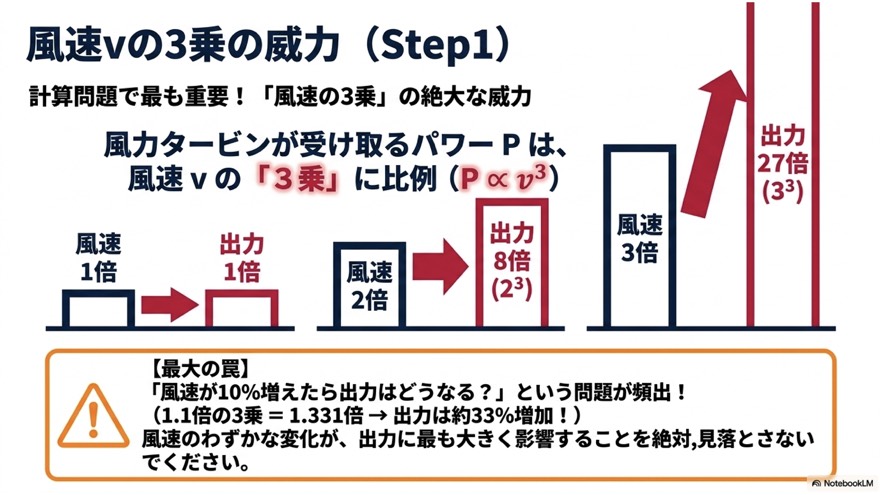 風速vの3乗の威力(風速が2倍なら出力は8倍)