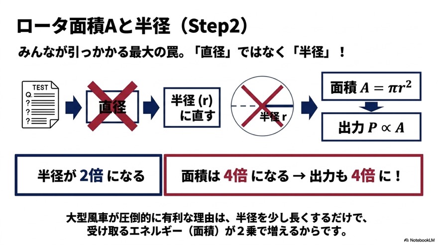 ロータ面積Aと半径(直径ではなく半径・面積は2乗で効く)