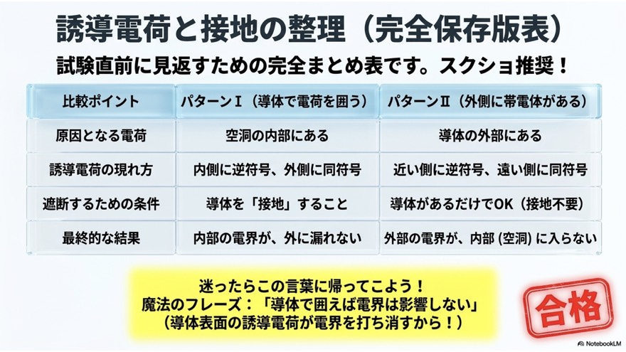 誘導電荷と接地の整理(保存版の比較表)