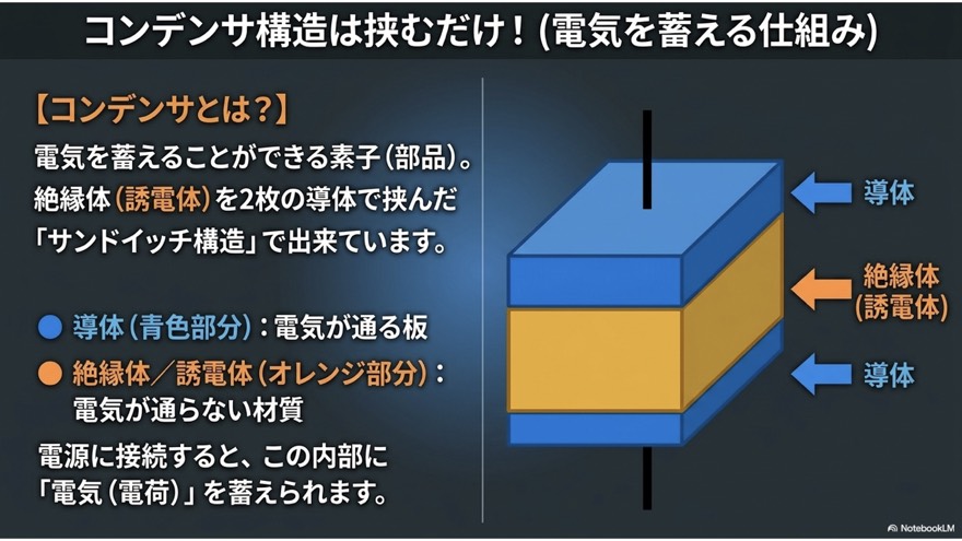 コンデンサの構造(絶縁体を2枚の導体で挟む)