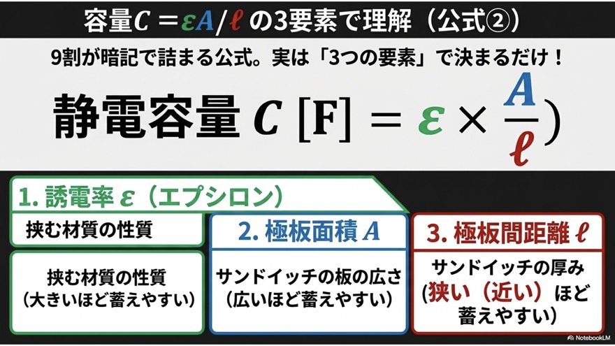 静電容量 C=εA/ℓ の3要素で理解(公式②)