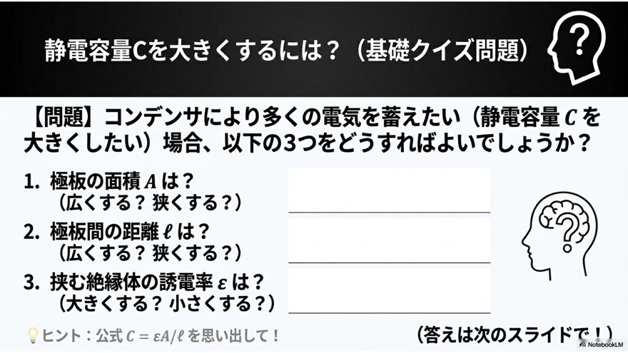 静電容量Cを大きくするには?(クイズ)
