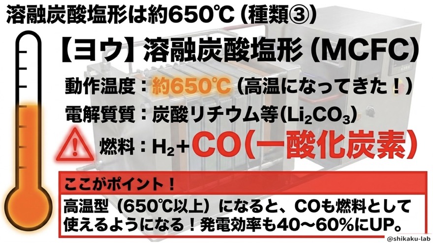 溶融炭酸塩形MCFCは約650℃|種類③