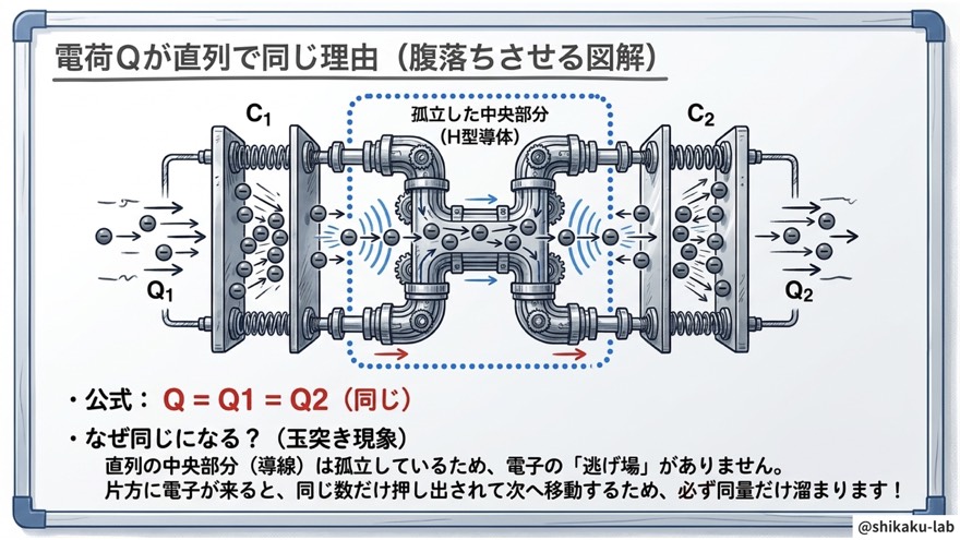 直列で電荷Qが同じ理由|孤立区間の図解