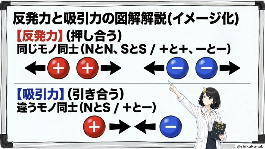 反発力と吸引力の図解|押し合うと引き合う