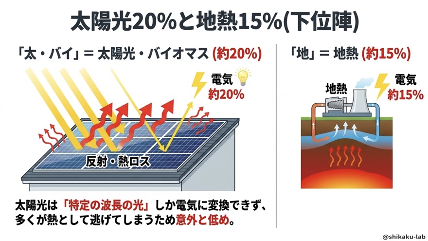 太陽光20%と地熱15%(下位陣)