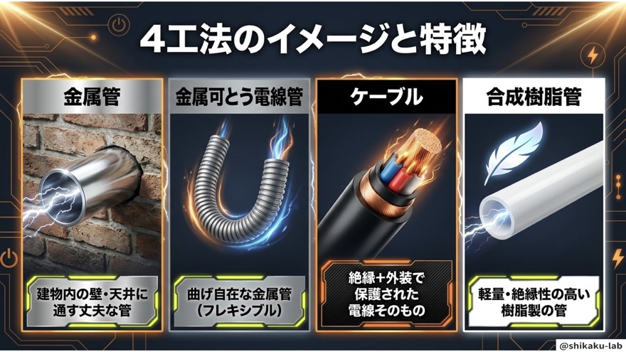 4工法の特徴|合成樹脂管PF管・CD管の違いも解説