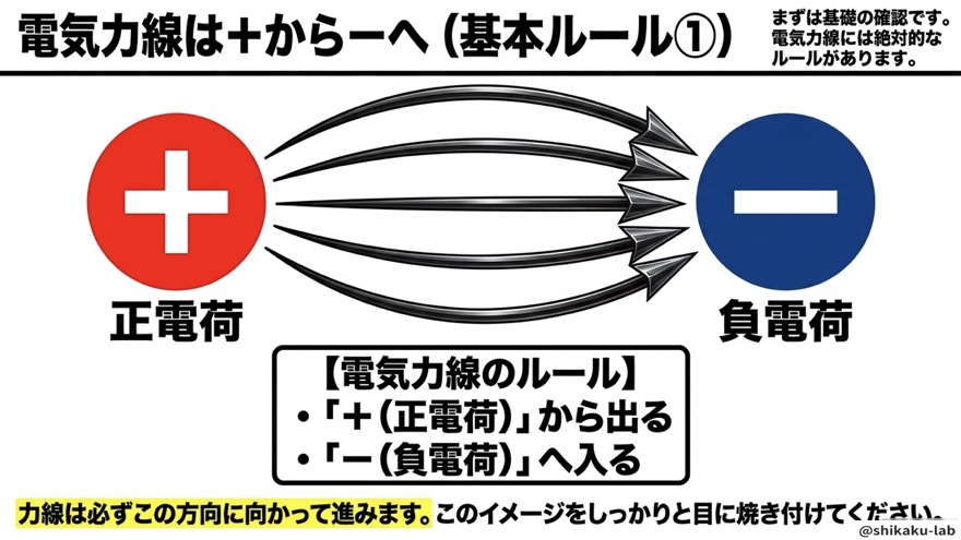 電気力線は+から-へ(基本ルール①)