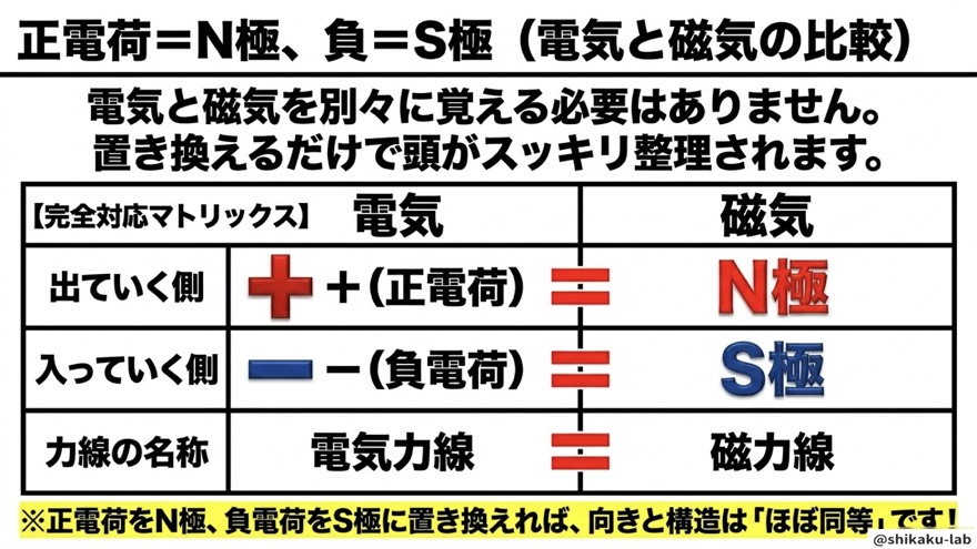 正電荷=N極・負電荷・S極(電気と磁気の対応表)