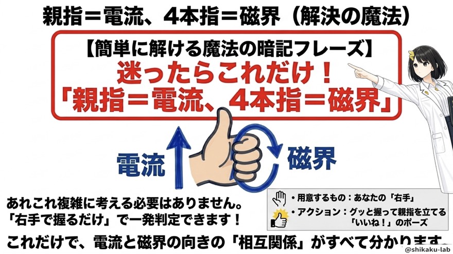 親指=電流、4本指=磁界(解決の魔法)