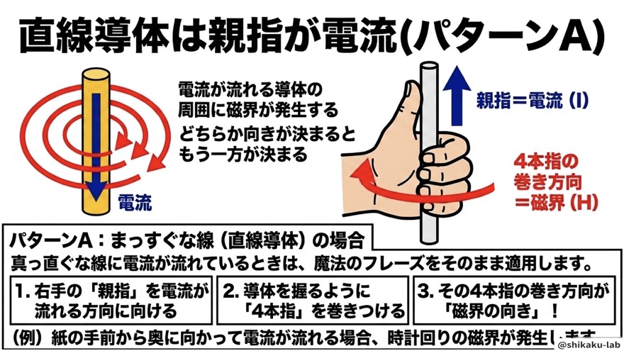 直線導体は親指が電流(パターンA・磁界の向き)