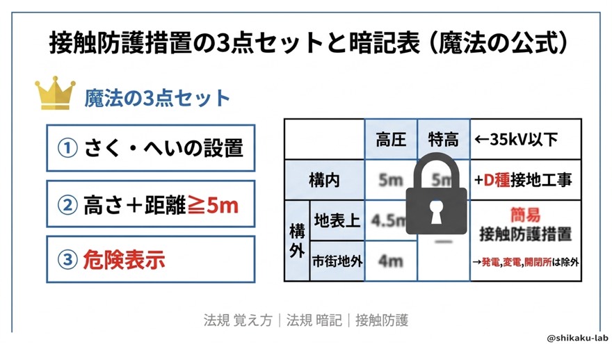接触防護3点セット|さく・5m・危険表示+D種接地