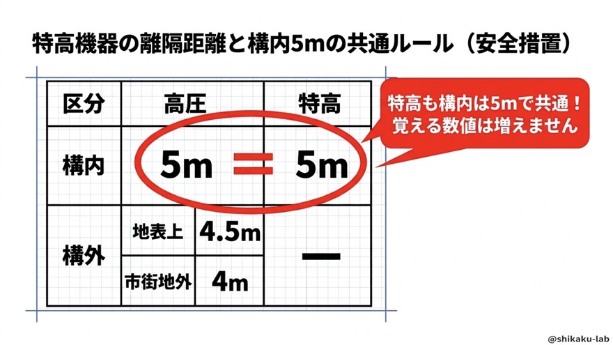 特高も構内5m共通|高圧と特高の離隔距離比較表