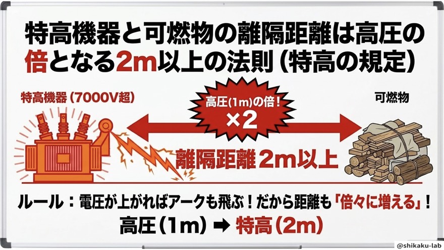 特高機器の離隔距離2m以上(高圧の倍々ルール)
