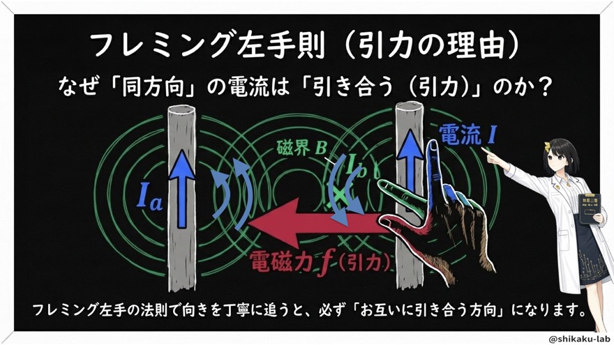 フレミング左手則|同方向引力の理由を証明