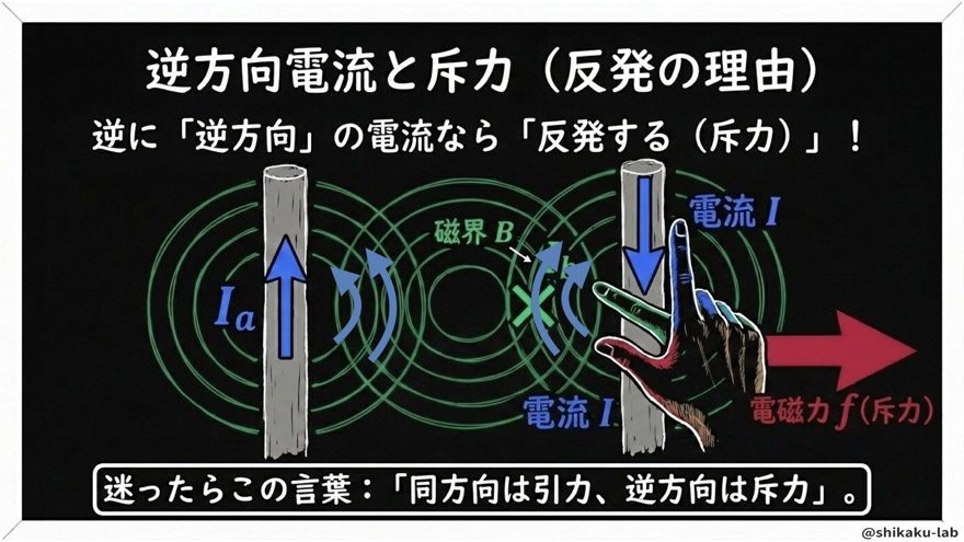 逆方向電流と斥力|なぜ反発するのか