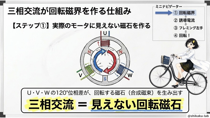 三相交流が作る「見えない回転磁界」と120度位相差の仕組み