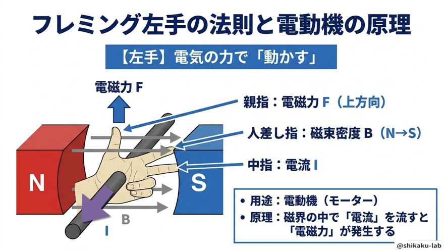 フレミング左手の法則と電動機の原理(中指・人差し指・親指の役割)