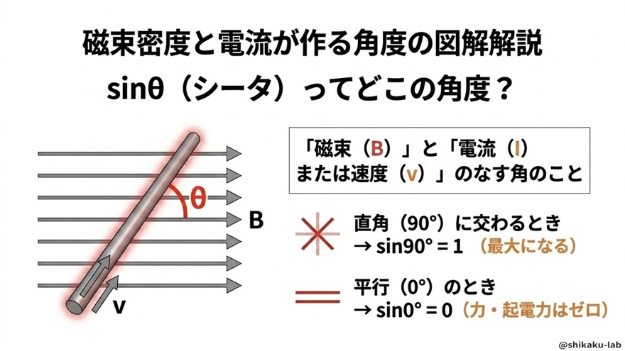 sinθ(サインシータ)とはどこの角度か(直角で最大・平行でゼロ)