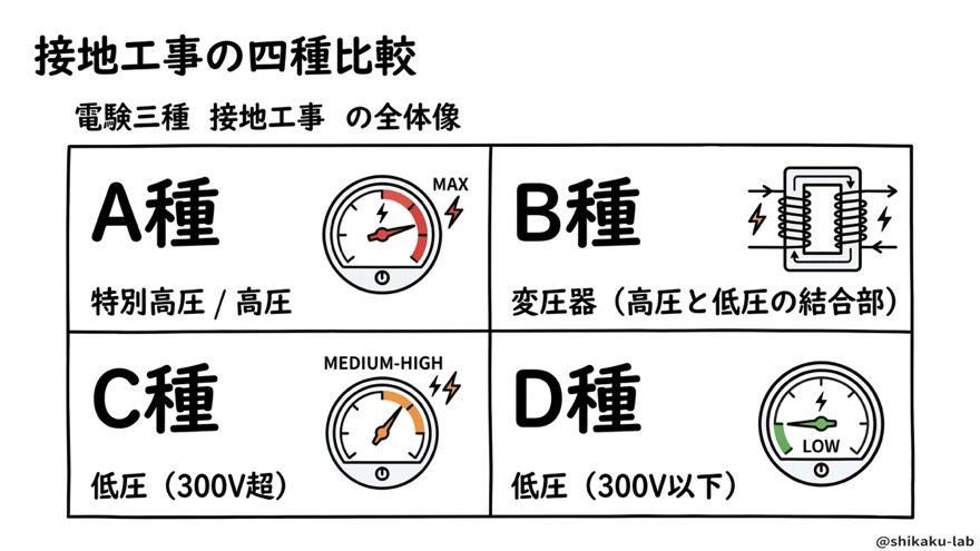 接地工事の四種比較(A・B・C・D種の全体像)