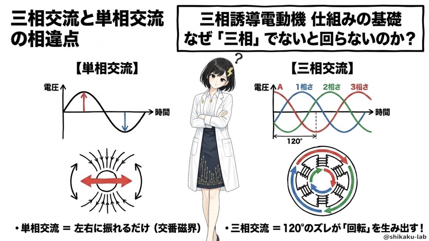 単相交流と三相交流の違い【交番磁界と回転磁界】