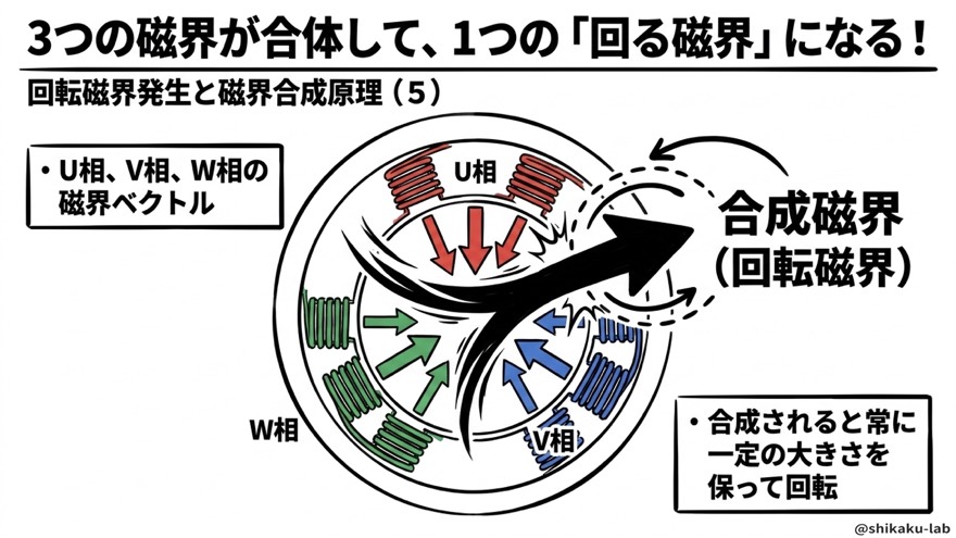 三相のベクトル合成で回転磁界が生まれる仕組み