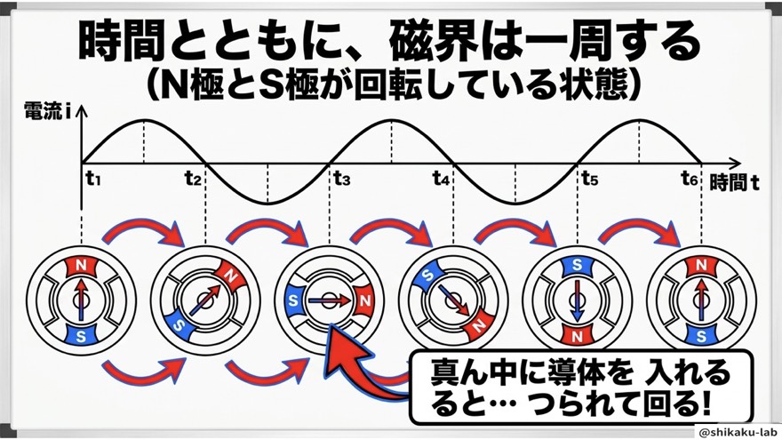 時間経過で磁界が一周する【誘導電動機の原理】