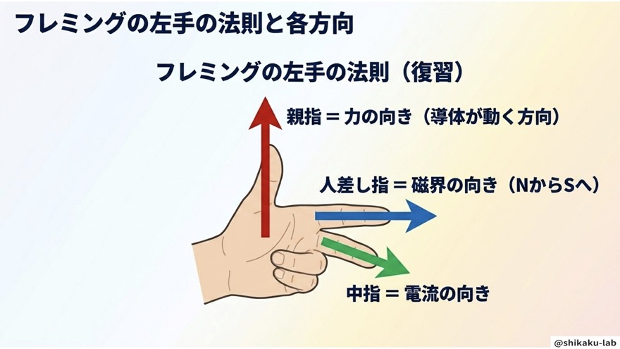 フレミング左手の法則の復習(親指・人差し指・中指)
