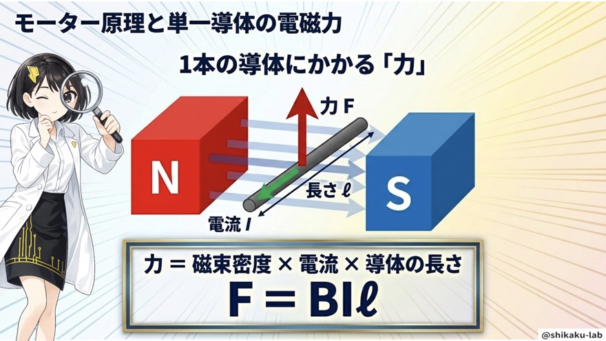 電磁力の公式 F=BIℓ(1本の導体にかかる力)