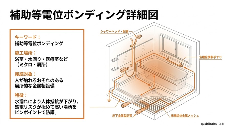 補助等電位ボンディング詳細図(浴室・水回りの局所施工)